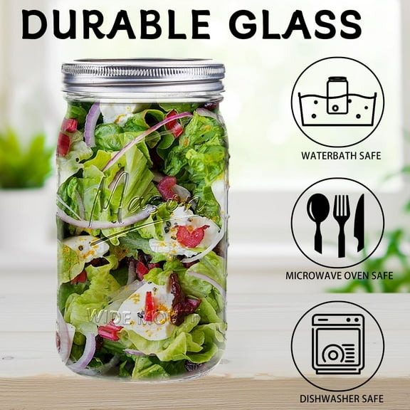 32 oz Mason Jars, 12-Pack Wide Mouth Quart Glass Jars with Airtight Lids, Perfect for Fermenting, Pickling, Meal Prep, Overnight Oats, and Centerpieces
