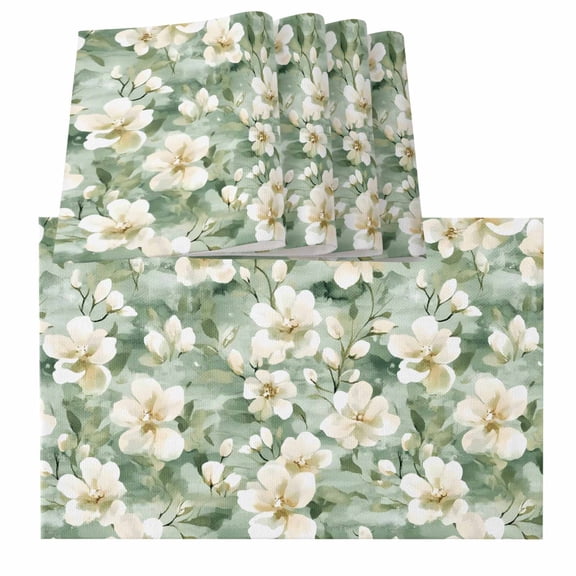 Sage Green Spring Floral Placemats for Dinning Table Set of 6, Summer Botanical Farmhouse Burlap Kitchen Place Mats Waterproof Cloth Table Mats, Indoor Outdoor Placemats Easy Clean Dinner Decor