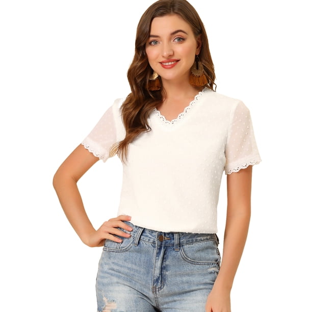 INSPIRE CHIC Blusa Informal Con Cuello En V Y Manga Corta Para Mujer Con Puntos Suizos Semitransparentes Blanco M