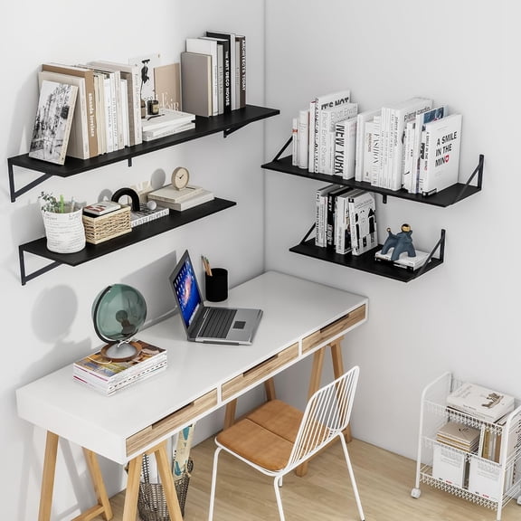 Black Deep Floating Shelves for Wall, 36W x 12D Wood Wall Shelves Set of 2