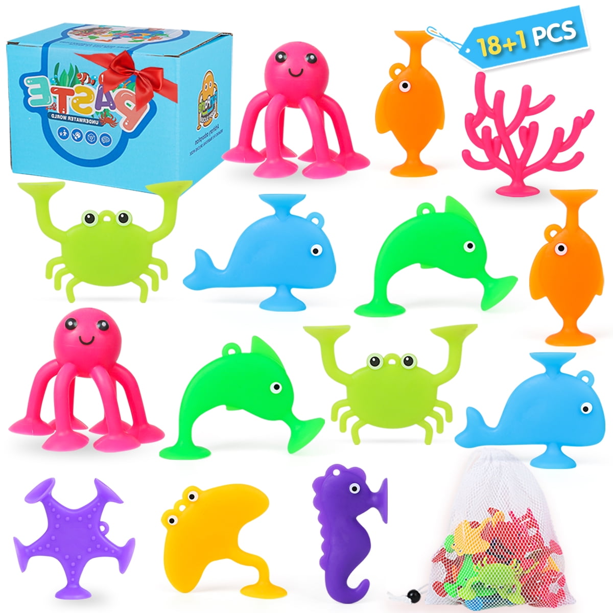 Bath Toy for Kid Age 4-8, 18PCS Baby Suction Cup Toys,Silicone Ocean Animal Suction Cups with Mesh Storage Bag,Boys Girls Easter Gifts