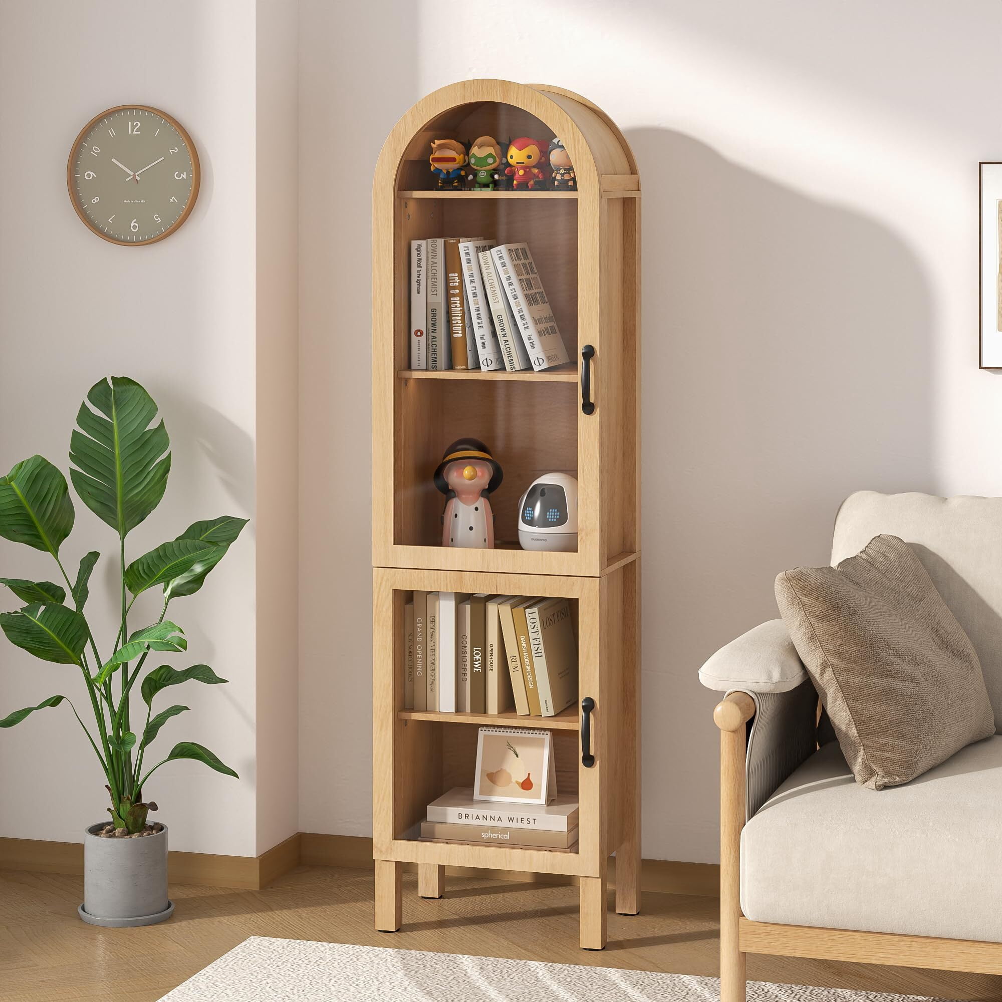 Fsbecl Tall Arched Storage Display Cabinet, Kitchen Pantry Cabinet with Doors, Wood