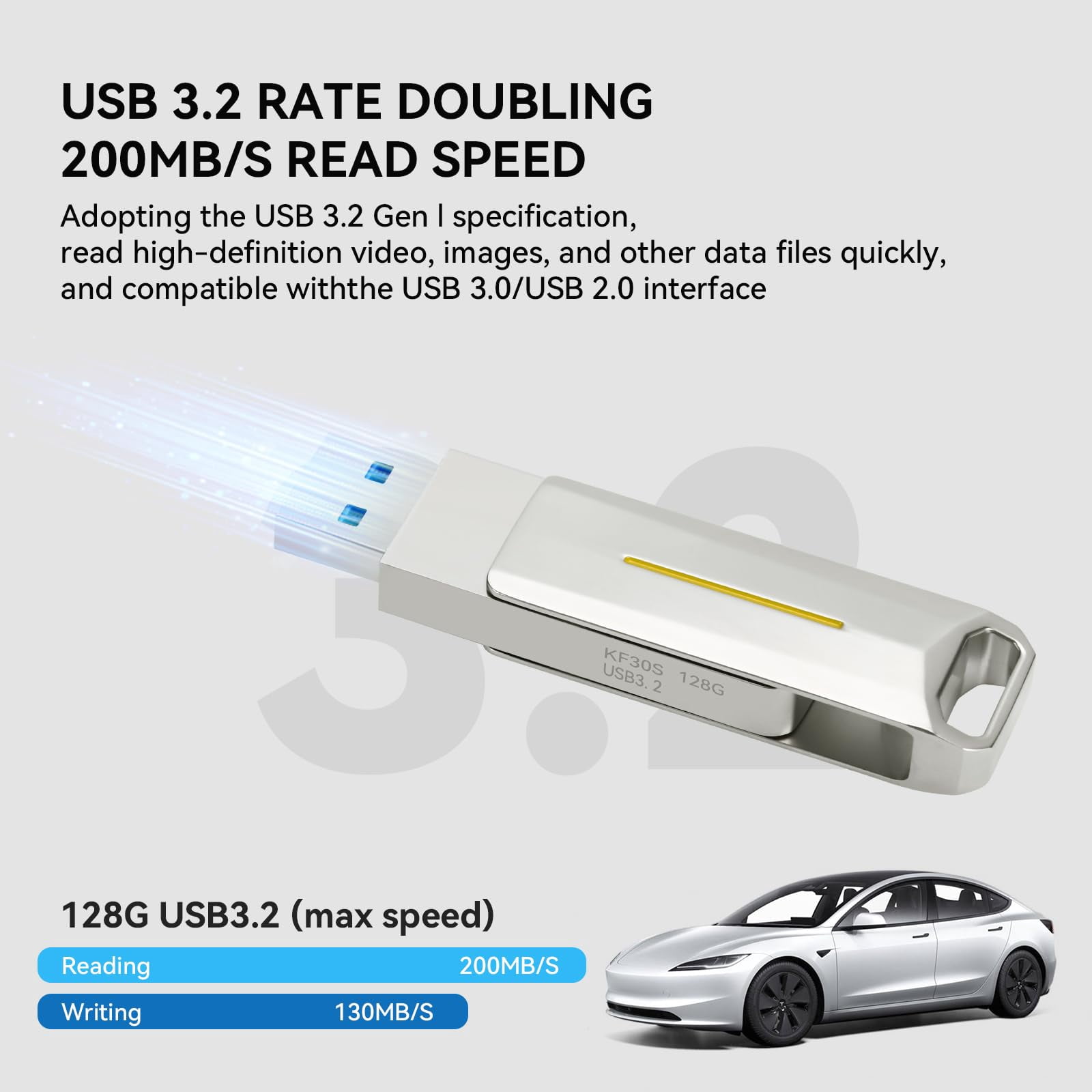 128GB USB 3.2 Flash Drive For Tesla - Dashcam & Sentry Mode Memory Stick For Model 3/Y/S/X