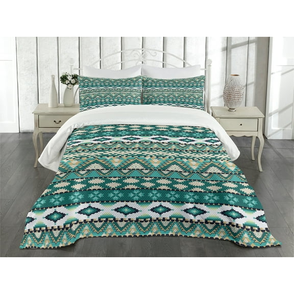 Ambesonne Ethnic Quilted Bedspread Set 3 Pcs, Winter Aztec Forms Design, Queen Size, Teal Turquoise Tan