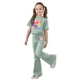 thumbnail image 1 of Rhuody Ensembles Fille Rentrée des Classes Imprimés de Dessins Animés Manches Courtes Survêtement Col Rond Hauts Pantalons Évasés Tenue Adorable Vert Pâle 8-9 Ans, 1 of 5