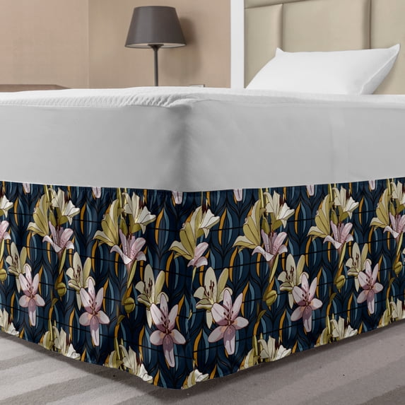 Vintage Bed Skirt, Pastel Colored Lilies on Tile Inspired 60's Retro Background, Elastic Bedskirt Dust Ruffle Wrap Around for Bedding Decor, 4 Sizes, Multicolor, by Ambesonne