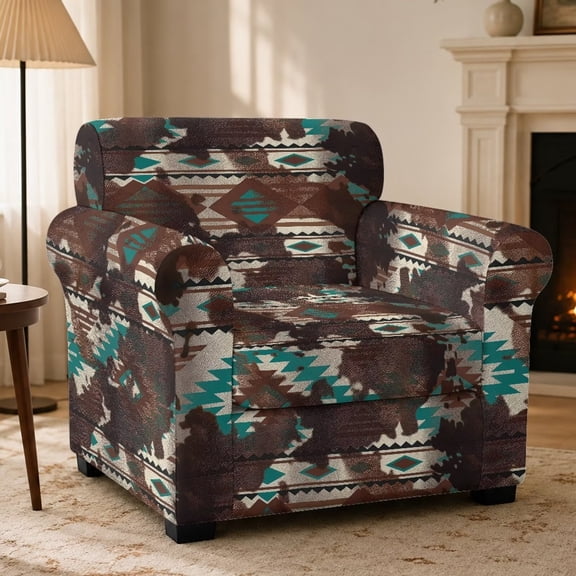 FKELYI Aztec Tribal Geometric Cow Print 2 Pcs Stretch Armchair Slipcover with Individual Cushion Cover Non-Slip Furniture Protector for Living Room Couch Sofa Covers