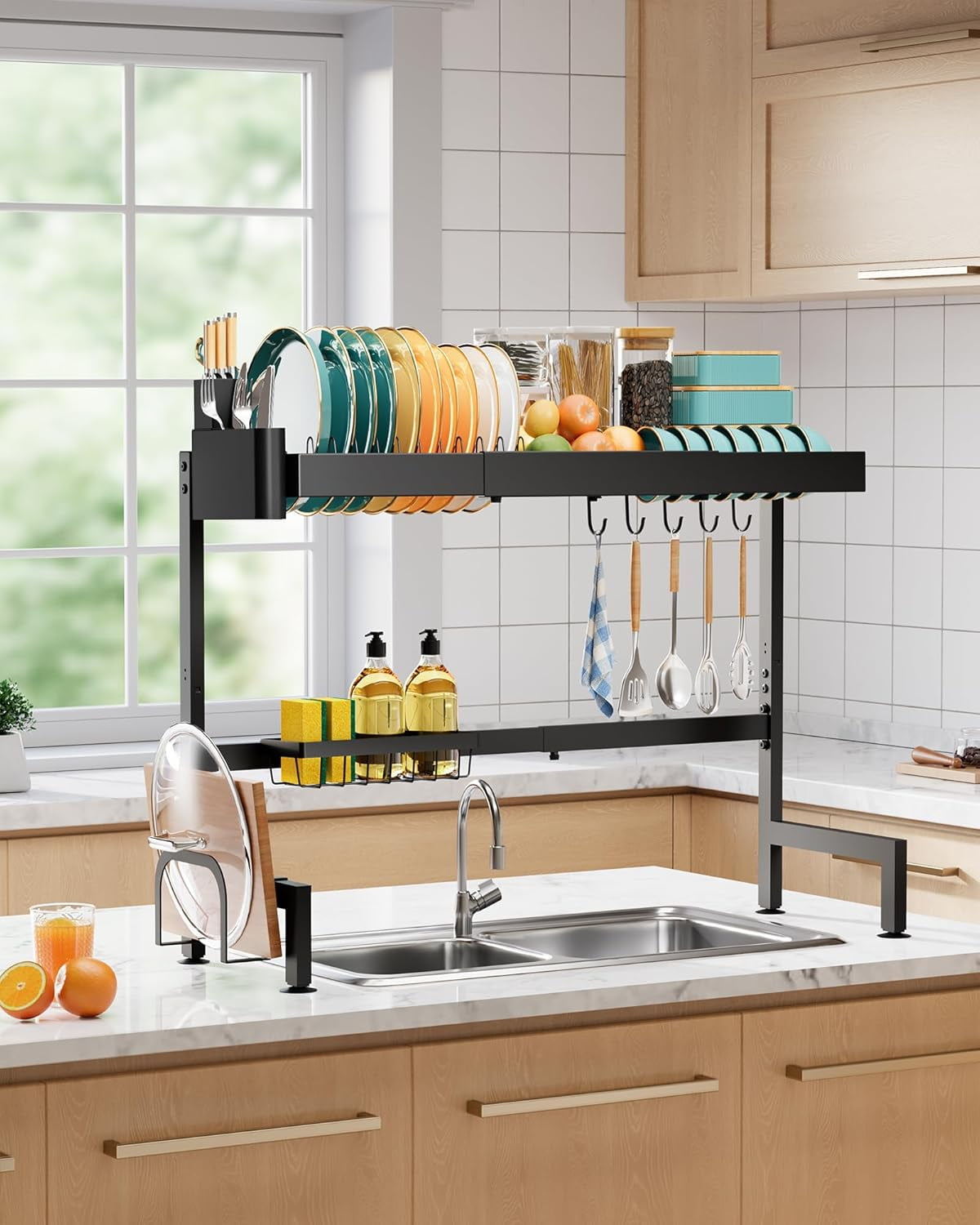 Dish Drying Rack - Over The Sink Dish Drainer Drying Rack with Utensil & Knife Holder, Hooks, Stainless Steel Kitchen Organizers and Storage Solution, 11.8" D x 31.5"~39.0''W x 30" H, Black