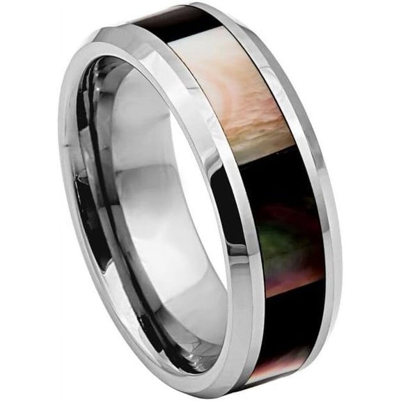 Ring for Men and Women Natural Dark Mother of Pearl Inlay Beveled Edge – 8mm Wedding Band Ring Ideal Rings for Couples