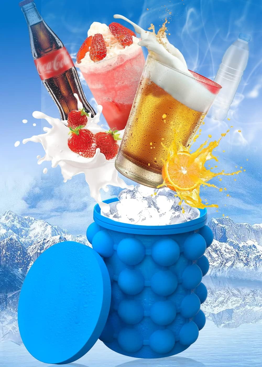 Blue Ice Bucket, Large Silicone Ice Bucket & Ice Mold with lid, (2 in 1)  Space Saving Ice Cube Maker, Portable Silicon Ice Cube Maker for Football