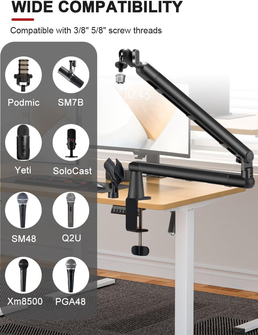 Low  Mic Arm Stand Adjustable Desk Clamp with 360 Swivel Detachable Rise Column Built-In  Management for Podcasting Streaming