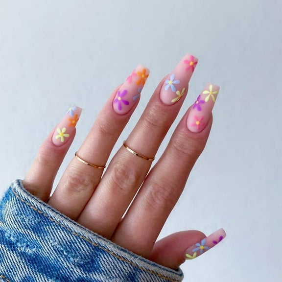 Press on Nails Long Coffin Fake Nails with Colorful Daisy Design Glue on Nails Acrylic Stick on Nails False Nails for Women 24PCS Colorful Daisy-C06 1 Fl Oz (Pack of 1)
