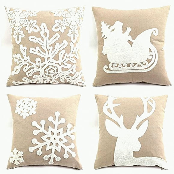 Ensemble de Housse de Coussin Brodée Winter Wonderland - Coussins Décoratifs Flocon de Neige (18x18 Pouces, Lot de 4) - Décoration de Canapé Lit