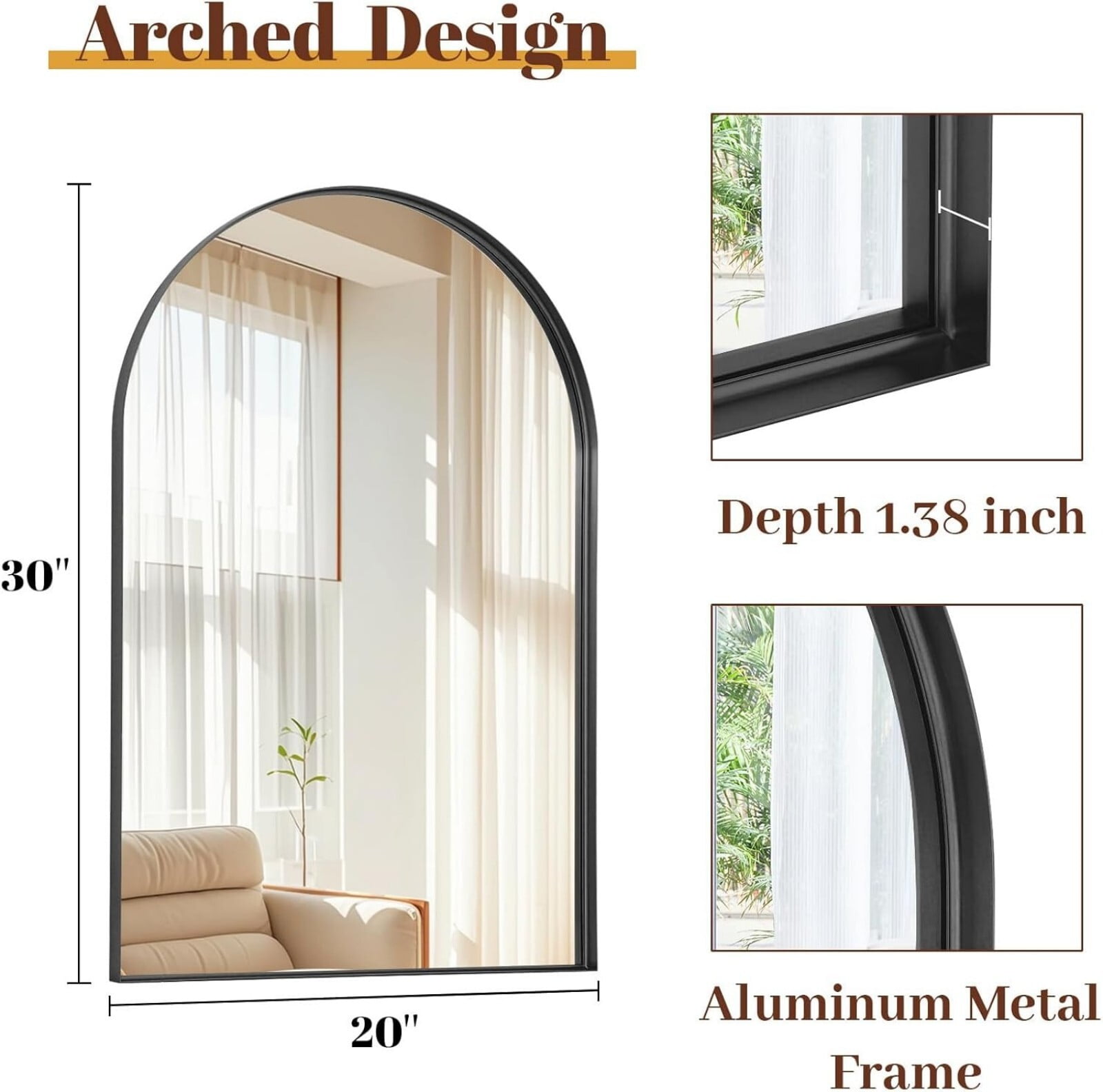 AUROMIR 30"x20" Arched Bathroom Mirror Vanity Wall Mirror With Deep Frame, Black