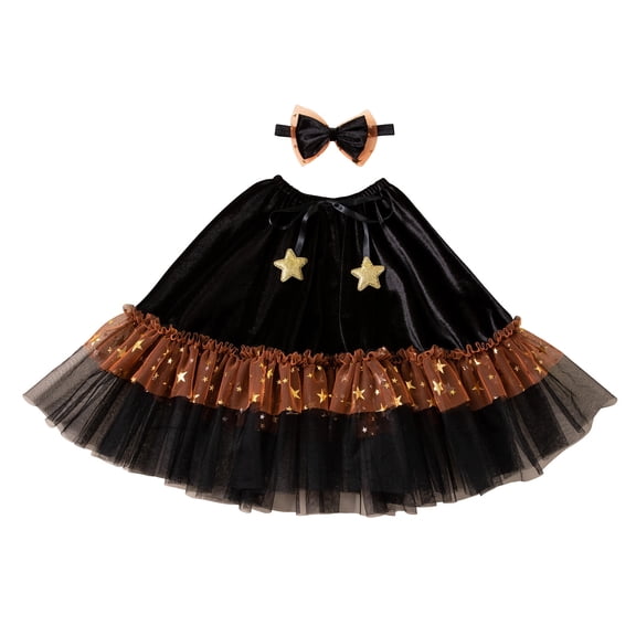 Girls Halloween Velvet Cape 2 Piece Set, Star Glitter Tulle Cloak with Matching Bow Headband for Kids Party Cosplay Photo (Black,3-4 Years)