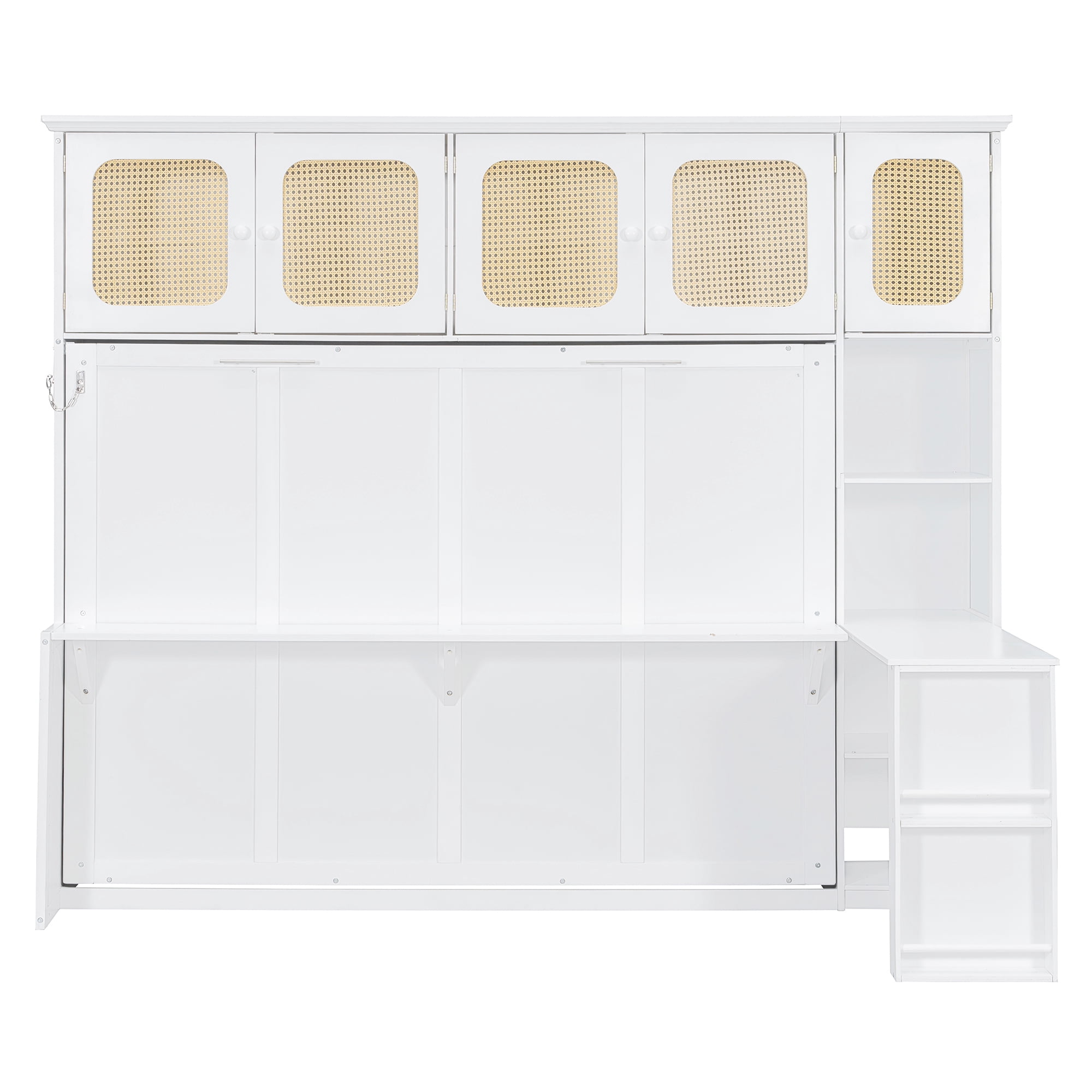 Full Size Murphy Bed with Writing Desk and Rattan Cabinets and Open Shelves for Small Space, Guest Room