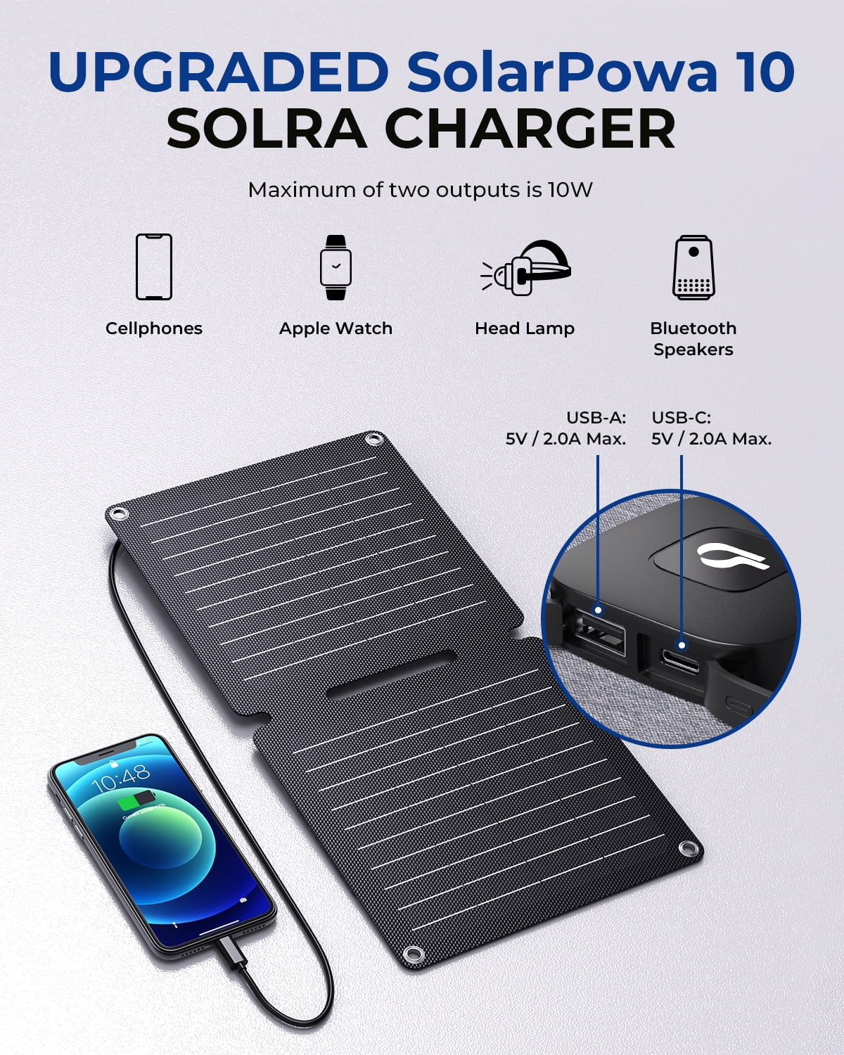 BigBlue 10W ETFE Solar Panel Charger with USB-A and USB-C, Portable Solar Phone Charger with Kickstand for Camping, IP65 Waterproof, Compatible with iPhone 14/13/X/8, Tablet, Samsung, LG