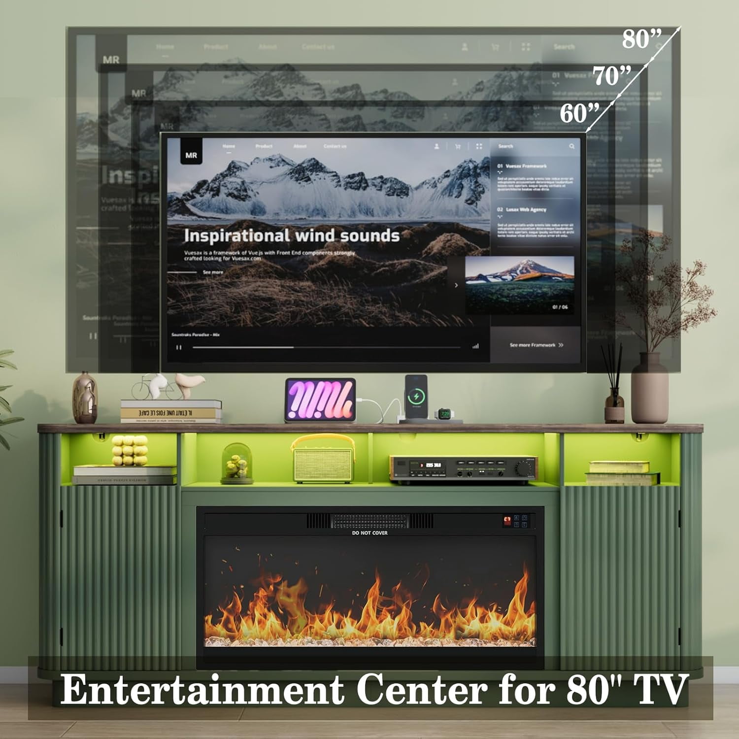 ANPOO 71" Fluted Fireplace TV Stand for 75/85" TVs with 36" Electric Fireplace, Modern Entertainment Center with LED Light & Power Outlet, Wooden Media Console TV Stand for Living Room, Green