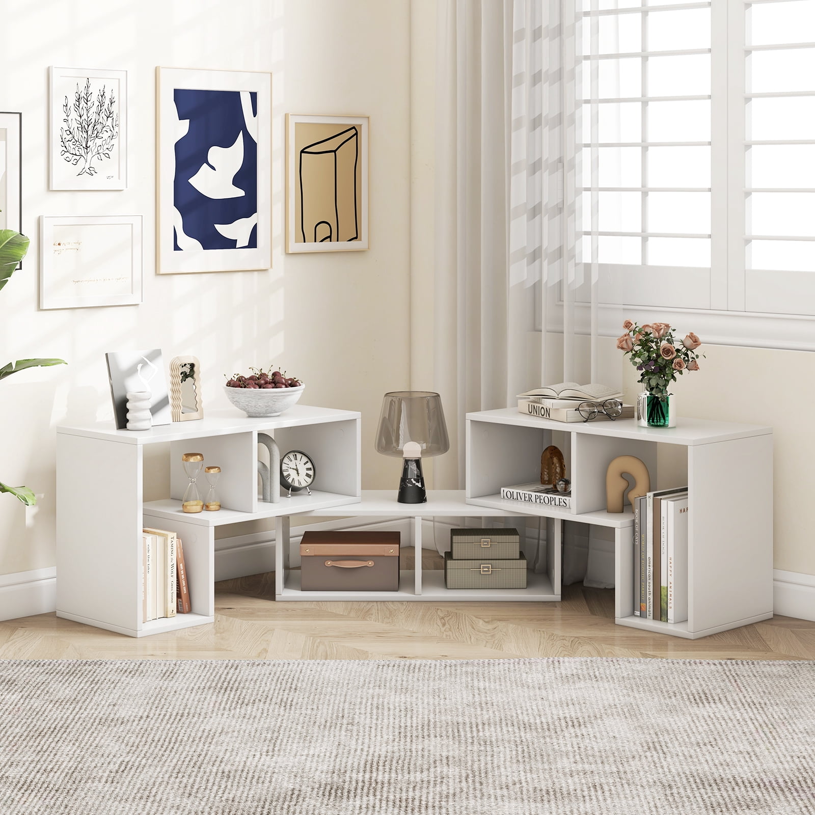 Costway 3 Pieces Adjustable TV Console Stand with 2 L-Shaped Shelve & Rectangular Shelf for TVs up to 65” Light White