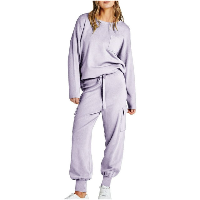 Timegard Womens Outfits 2 Piece Long Sleeve Round Neck Tops Cinch Bottom Drawstring Pants with Pockets Sets
