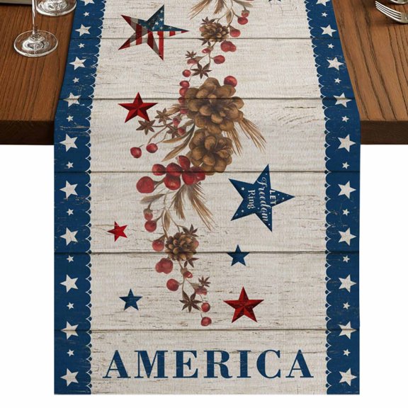 Table Runners 70 Inches Long Dress Scarves, Independence Day Farmhouse Coffee/Dining/Kitchen Table Decor, Holiday Table Runner, Red Blue Stars Stripes Flag Wooden 13x70 Inch