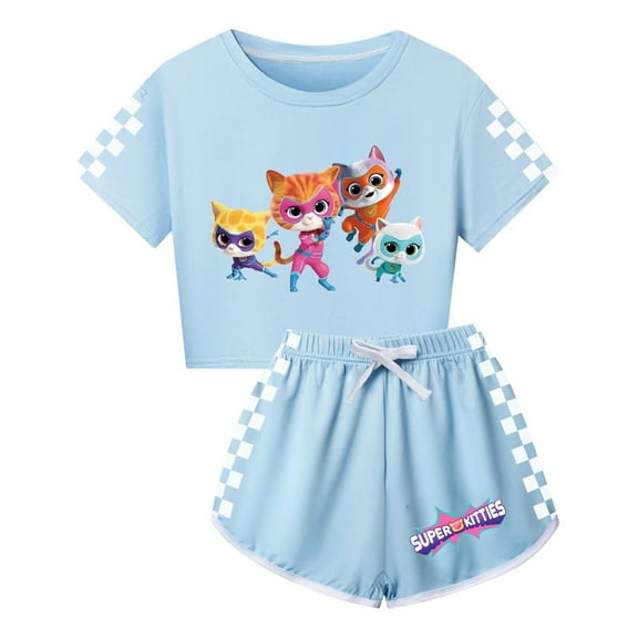 Girls Cartoon Cat 2-Piece T-Shirt Outfit Set – Kids SuperKitties Short Sleeve Tee and Drawstring Shorts