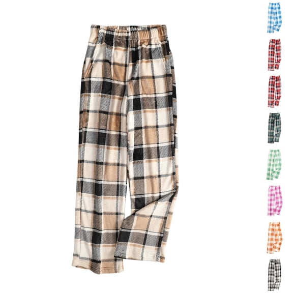 Nestiefly Womens Plaid Fluffy Pajama Pants Fuzzy Fleece Cozy Lounge Pants with Pockets Winter Warm Pj Bottoms Light Brown S