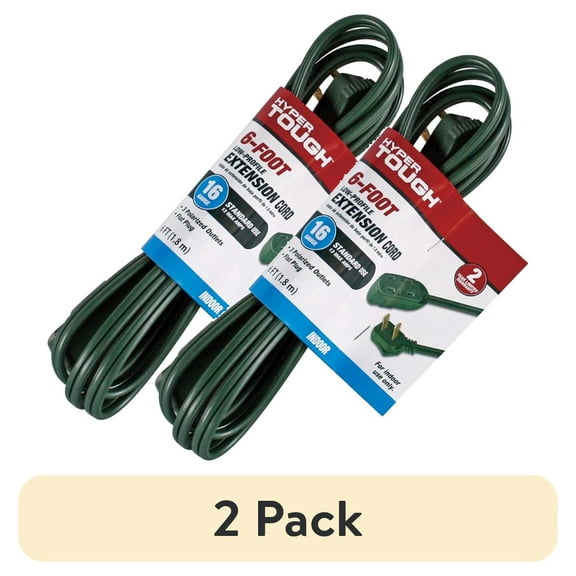 (2 pack) Hyper Tough 6FT 16AWG Green 2-Prong Indoor Extension Cord, 125V, 13A