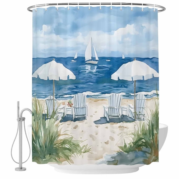 Nautical Sea Wave Blue Shower Curtain Set - Standard 72" x 72" Washable Bathtub Curtain with 12 Hooks, Ocean Coastal Beach Plant Waterproof Fabric Stall Shower Curtains for Bathroom/Bathtub Décor