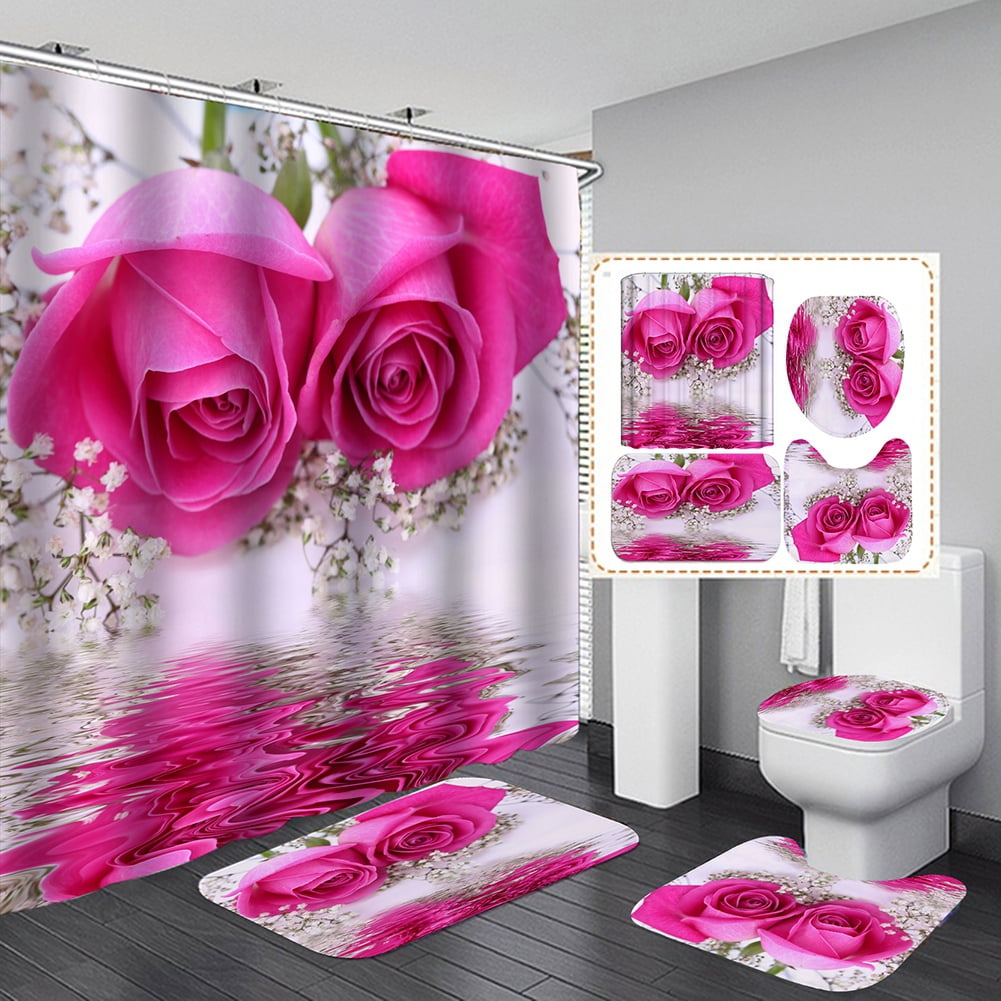 Rose Shower Curtain Bathroom Rug Set Thick Bath Mat Non-Slip Toilet Lid Cover 