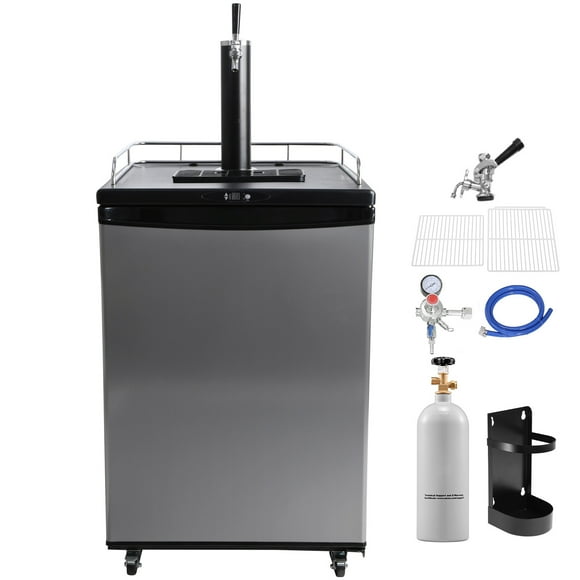 KFFKFF Single Tap Beer Kegerator, Draft Beer Cooling System, Includes Shelves, CO2 Tank, Drip Tray & Rail, Temperature Range 32°F- 75.2°F, Compatible with 1/6, 1/4, 1/2 Kegs, Silver