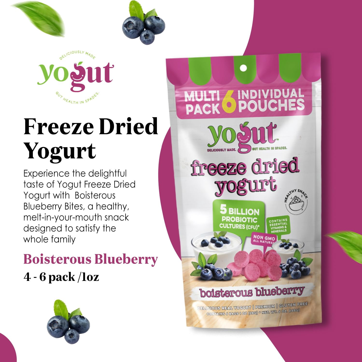 YoGut Freeze-Dried Blueberry Yogurt Smoothie & Melts Snack, 6Pk, Healthy Snacks for Kids, Toddlers & Adults, Gluten-Free, Non-GMO, with 5 Billion Probiotic Cultures, Vitamins & Minerals, Individual S