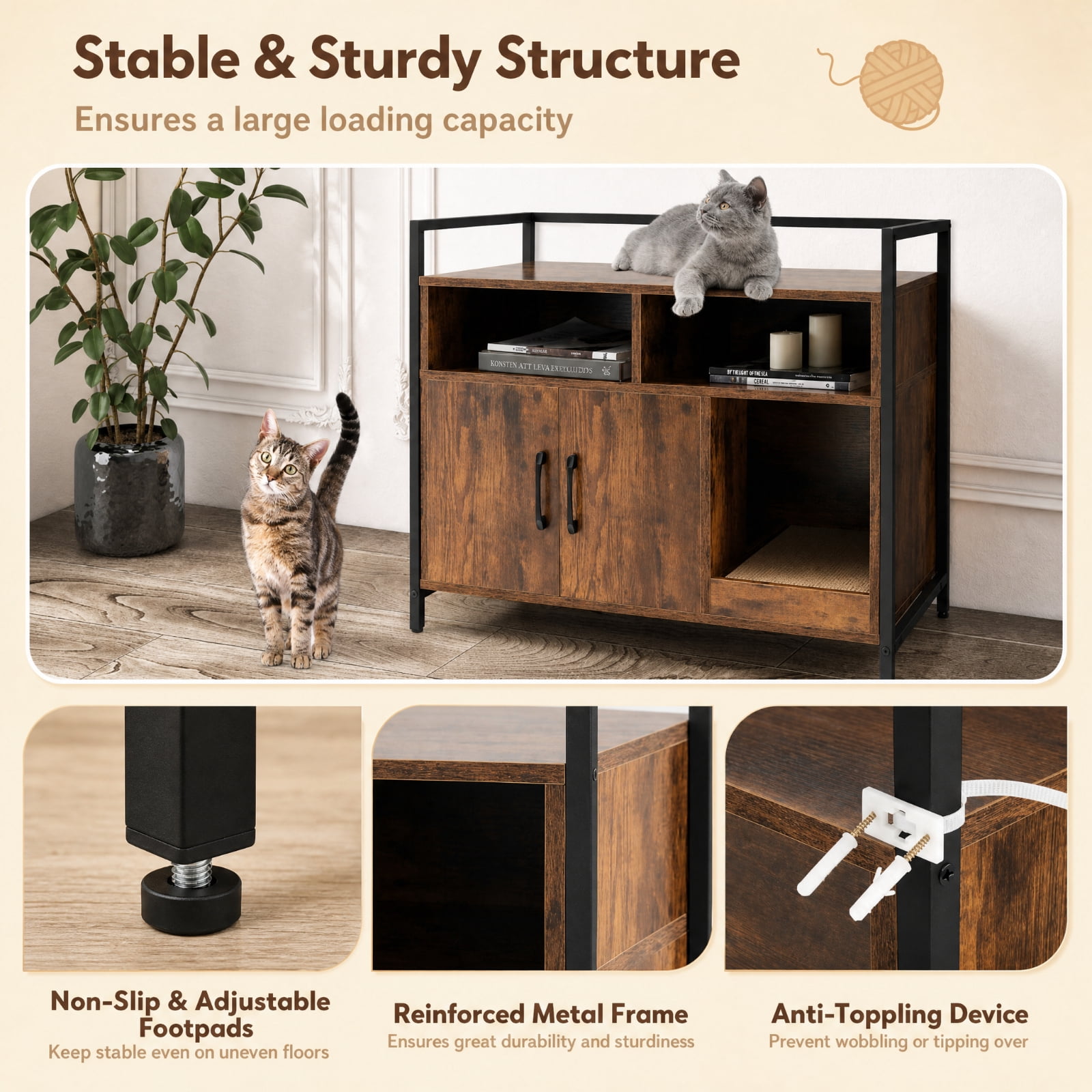 SUGIFT Hidden Cat Litter Box Furniture with Double Doors, Enclosed Cat Washroom Side Table Cabinet with Scratch Cardboard, Coffee