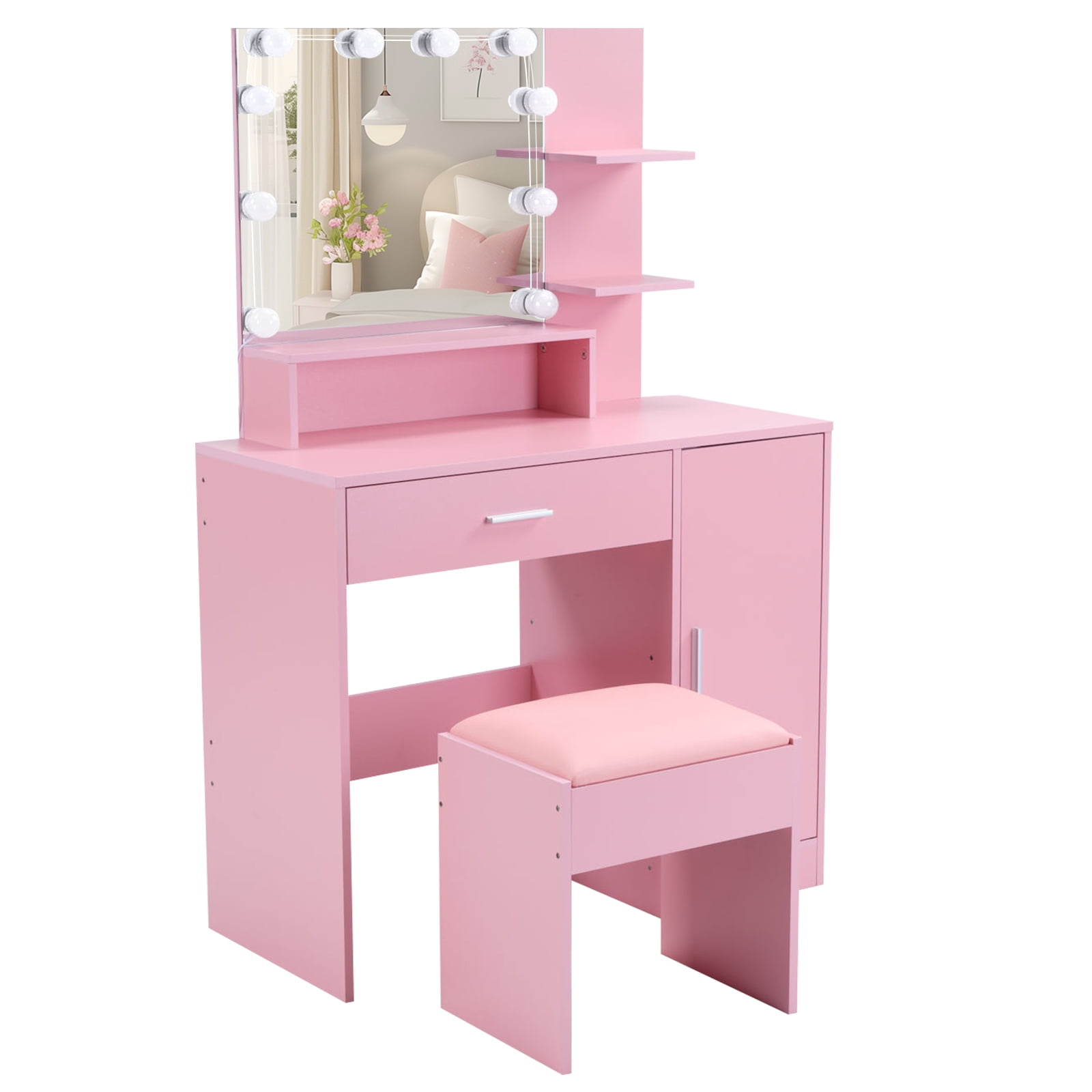 Vanity Set with 1 Drawer, 1 Door and 3 Shelf Layers, Three-Tone Dimmable Globe Bulb Lamp, Pink Textured Particle Board with Melamine Coating