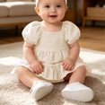 thumbnail image 6 of Fesfesfes Baby Toddler Girls Plaid Puff Sleeve Romper Dress with Bow Headband, Cute Summer Short Sleeve Onesie Bodysuit Outfit for Daily Wear Kids 0-18 Months Old., 6 of 9