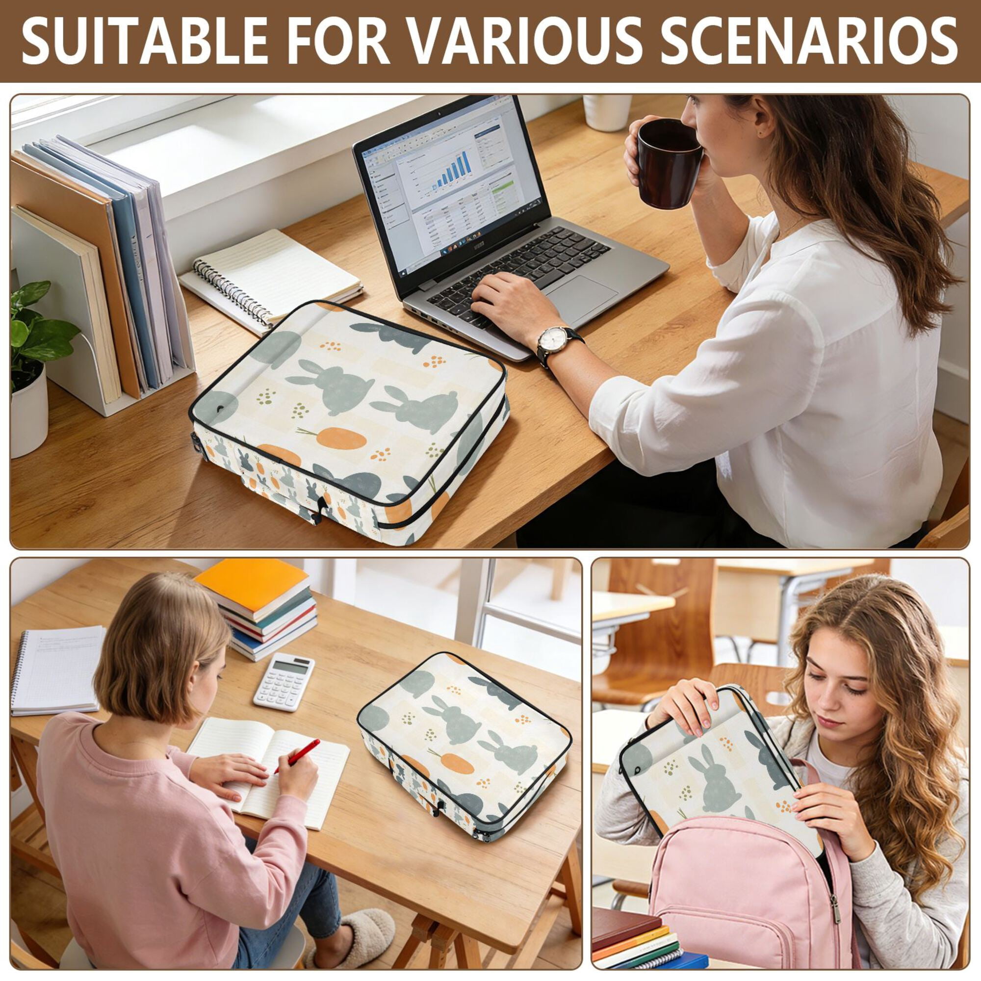 FORMRS Accordion File Folder A4 Size 7-Pocket Expanding Document Organizer Bag with 3 Ring Binder, Whimsical Rabbits