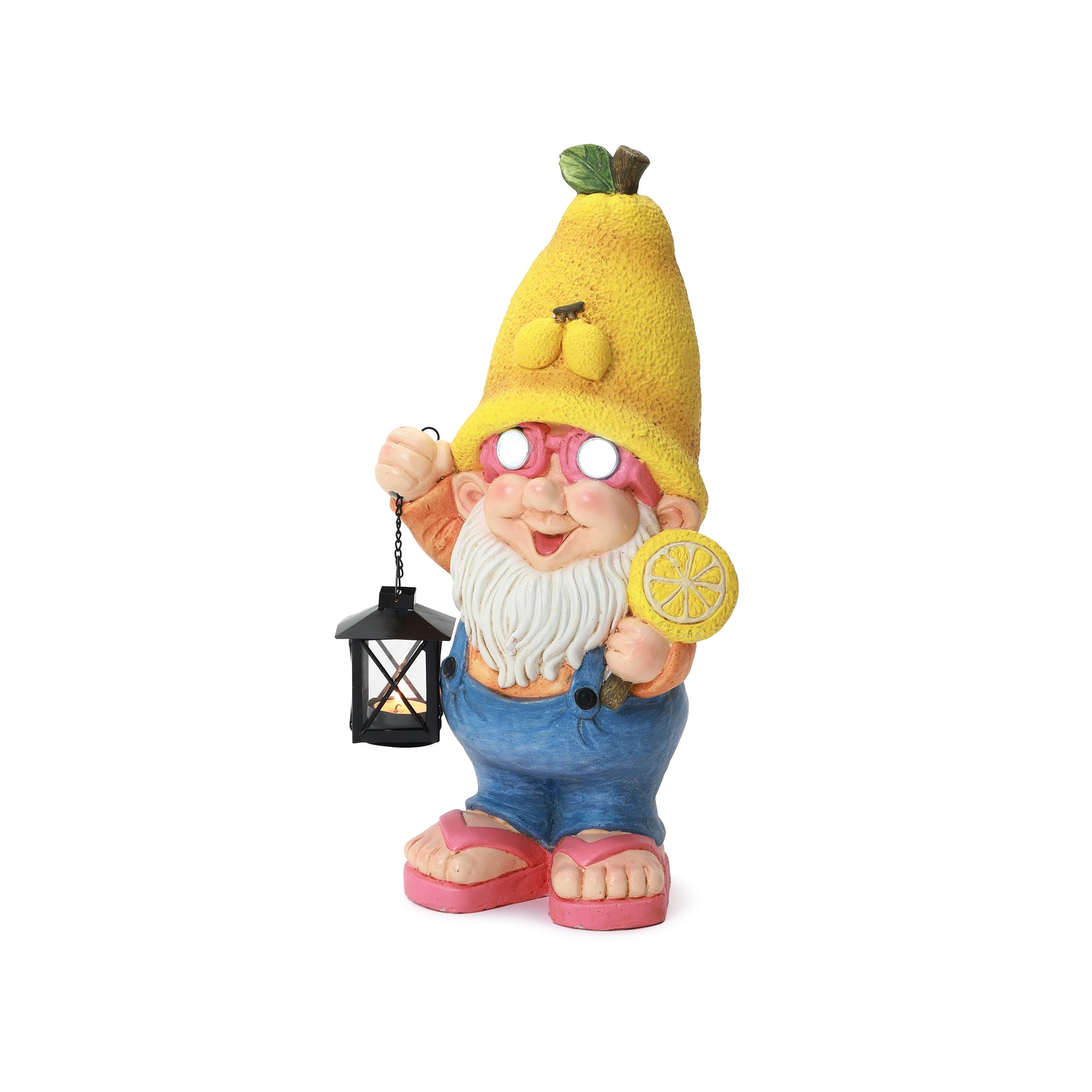 LuxenHome 18" Solar Powered Garden Gnome Outdoor Statue with Lantern, Lemon Hat Gnome Sculpture for, Lawn, Garden