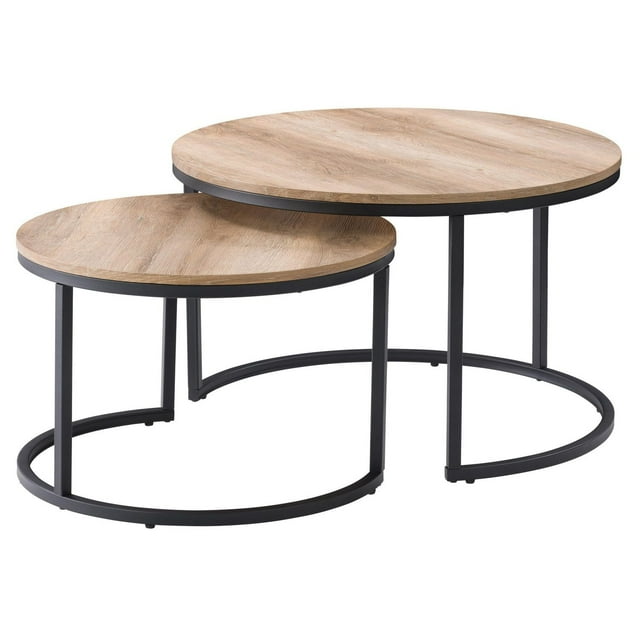 CorLiving Fort Worth Light Brown Engineered Wood Indoor Nesting Coffee Table with Steel Base set of two round tables with light brown engineered wood tops and black steel circular bases, nesting design suitable for compact living rooms and versatile surface use.