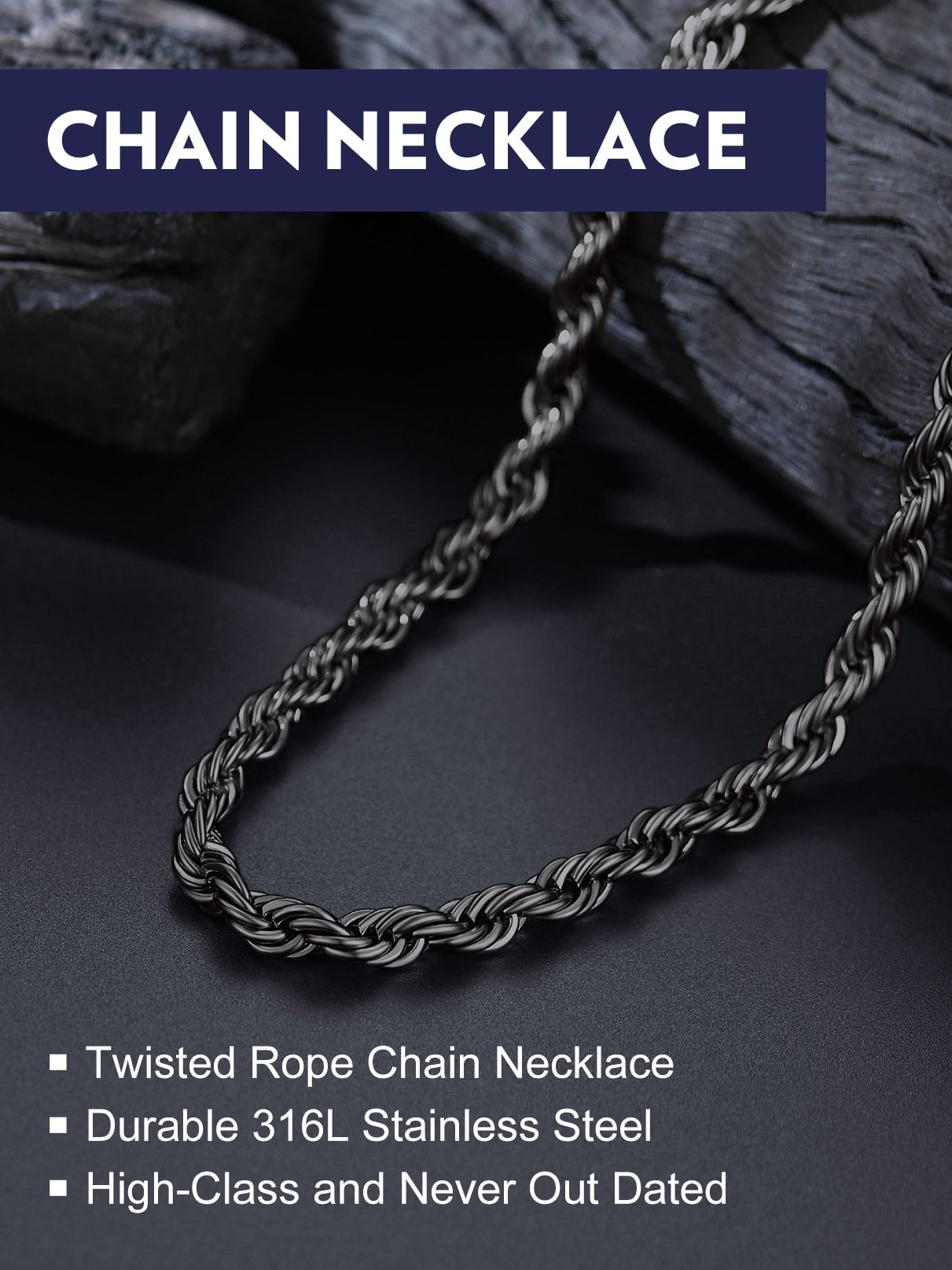 Bandmax 6MM Black Men Rope Chain Necklace 22 Inch Hypoallergenic Stainless Steel Chunky Cable Twisted Chain for Men Women Jewelry Gift