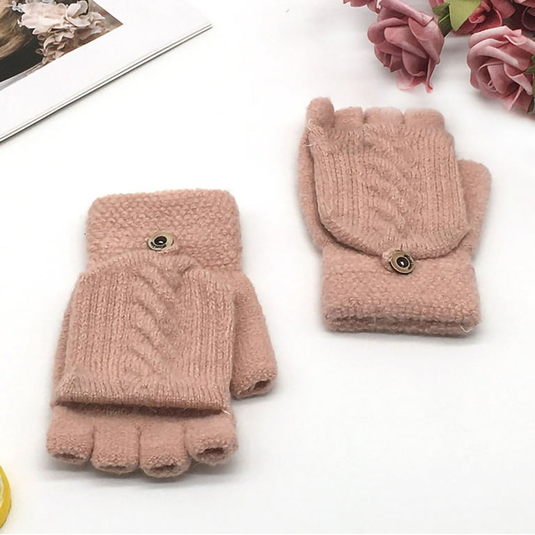 Linyer 2-in-1 Fingerless Mittens Pair Winter Gloves Knitted