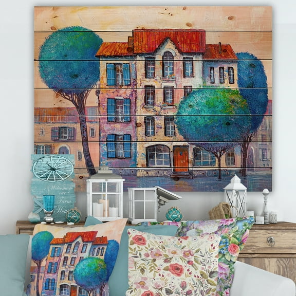Designart 'Colorful Autumn Trees and A House With Red Roof' Modern Print on Natural Pine Wood