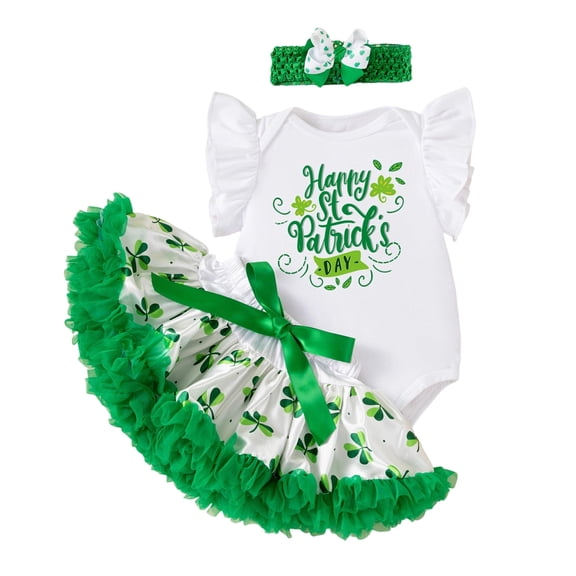 Shadoumai Baby Girls St Patrick's Day Outfit Set Short Sleeve Romper with Tutu Skirt and Headband