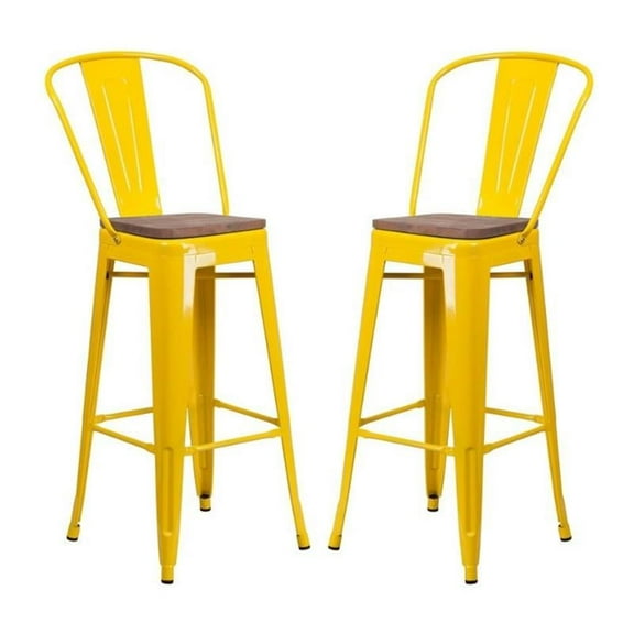 Home Square 30" Metal Bar Stool in Yellow and Wood Grain - Set of 2