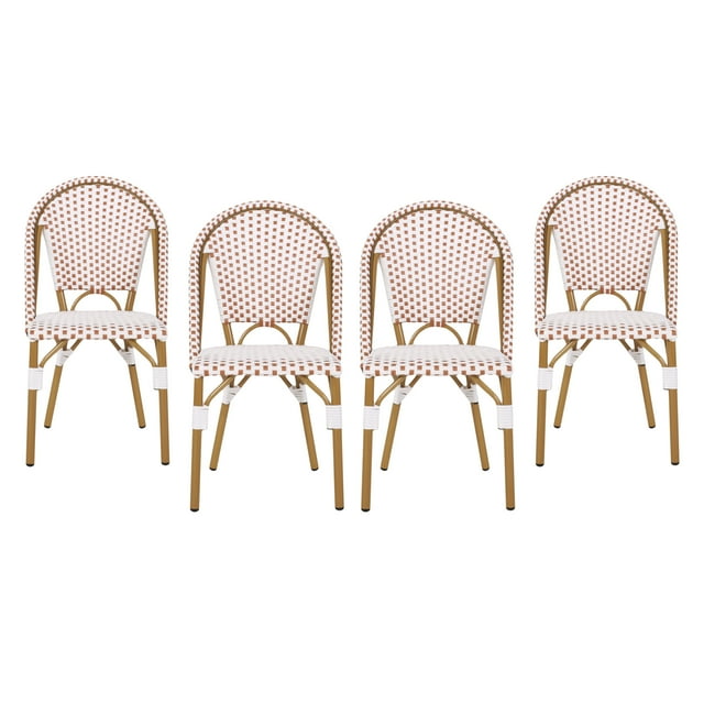 Mooney Chaise Bistro Française d'Extérieur en Osier, Ensemble de 4, Orange Rouille, Blanc et Fini Bambou