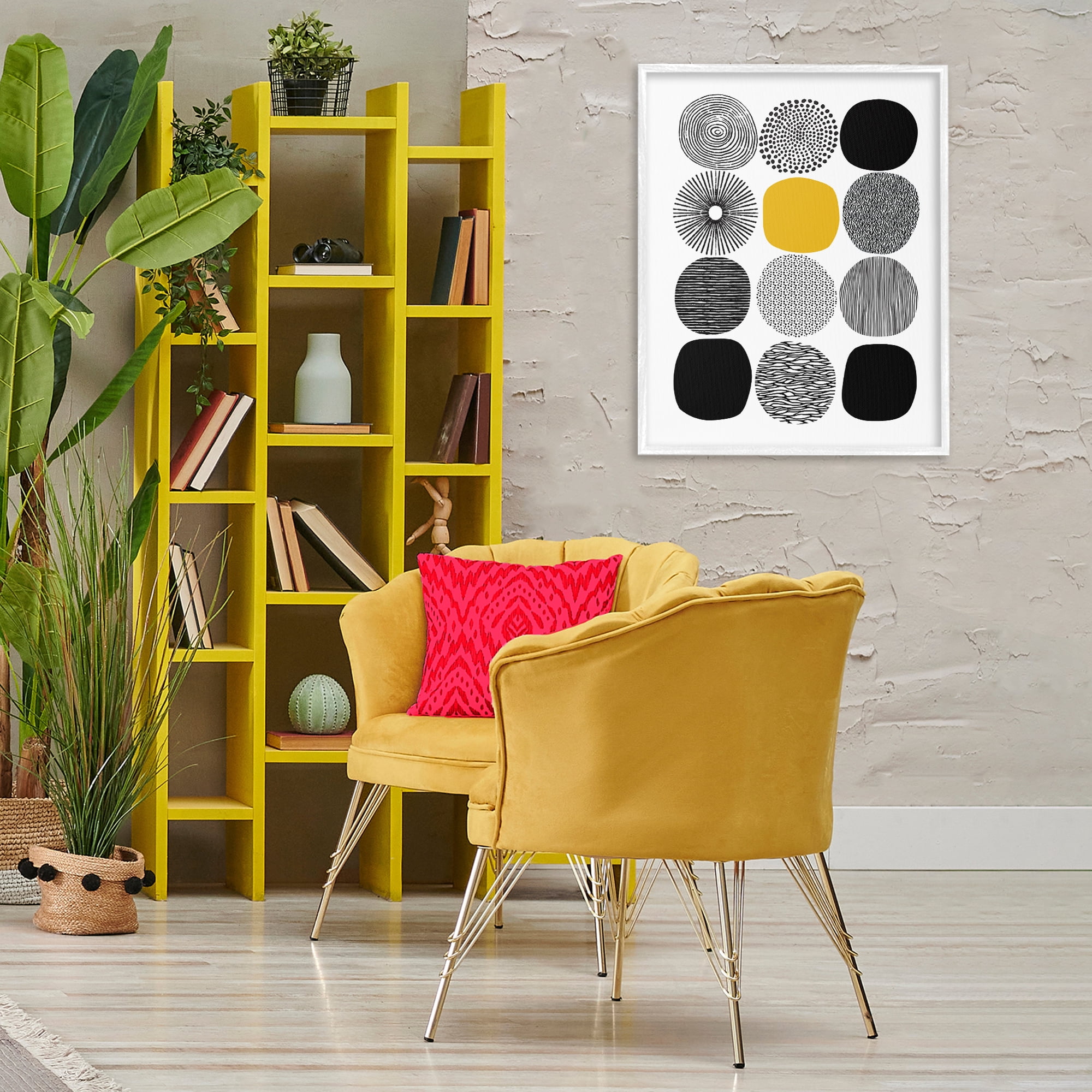 Stupell Industries Patterned Circles Yellow Accent Abstract Painting White Framed Art Print Wall Art, 24 x 30