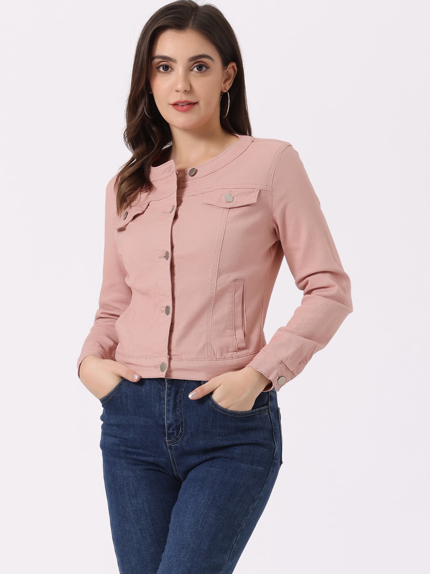 DARING DIVA Women's Button Down Collarless Cropped Denim Jacket L Dusty Pink