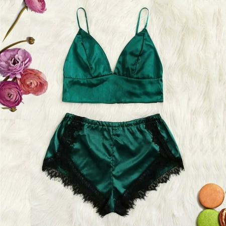 

Roliyen Sleepwear For Womens Pajamas For Women Satin Lace Trim Camisole Shorts Set Sleepwear Backless Pajamas Lingerie
