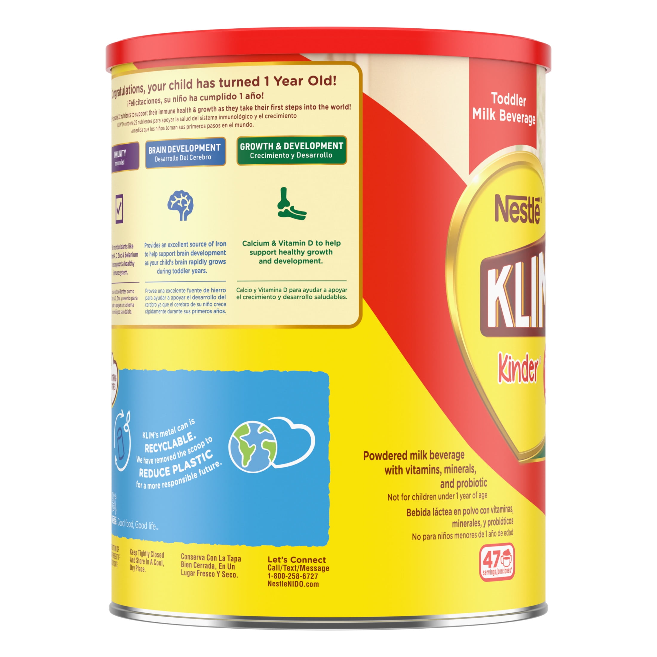 Nestle Klim Kinder 1+ Powder Immunity Probiotic Toddler Milk Beverage Mix Vitamins A, C, D, Iron & Zinc, 56.3 oz Canister