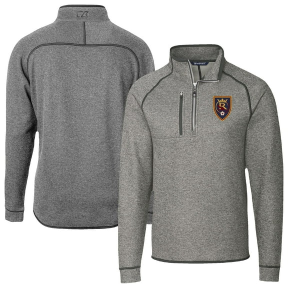 Men's-Cutter & Buck  Heather Gray Real Salt Lake Mainsail Sweater-Knit Half-Zip Raglan Jacket