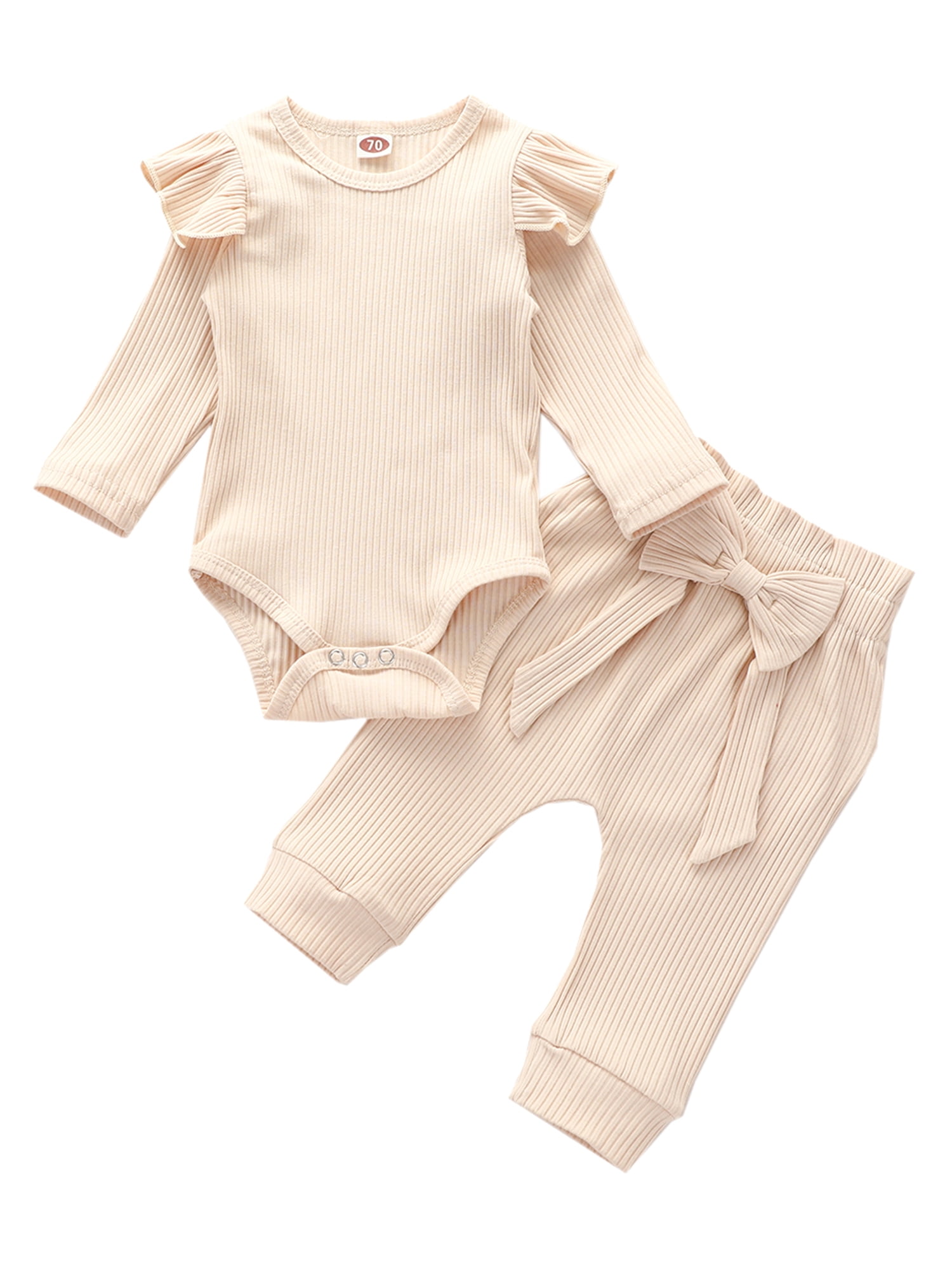 Reiziger hoop Weg Sunisery Newborn Infant Baby Girl Fall Clothes Knitted Ruffle Long Sleeve  Romper Bodysuit Bow Pants 2Pcs Outfits Beige 12-18 Months - Walmart.com